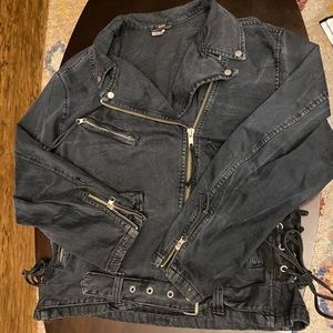 Black Distressed Free People Denim Biker Jacker.